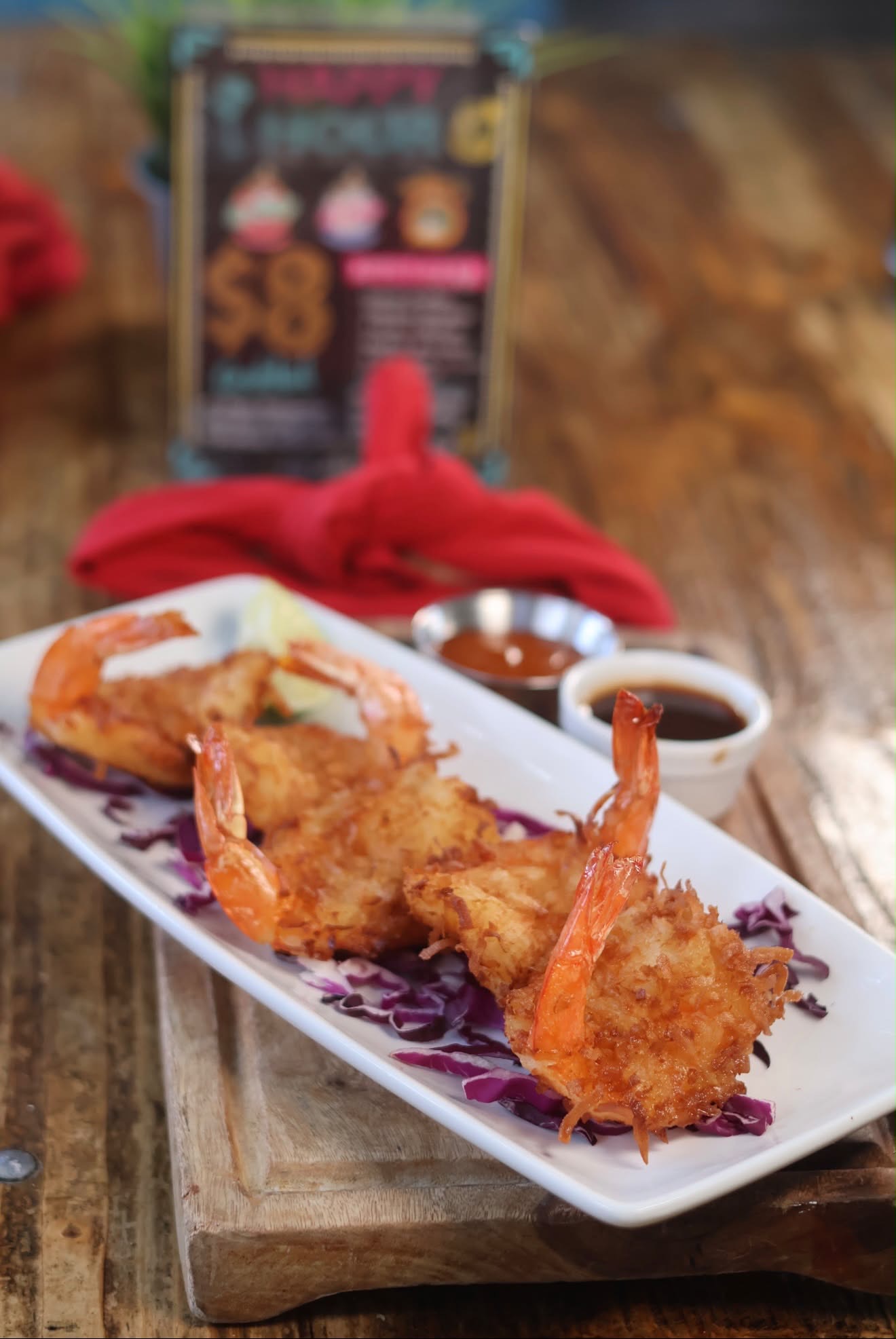 Coconut shrimp platter with dipping sauces